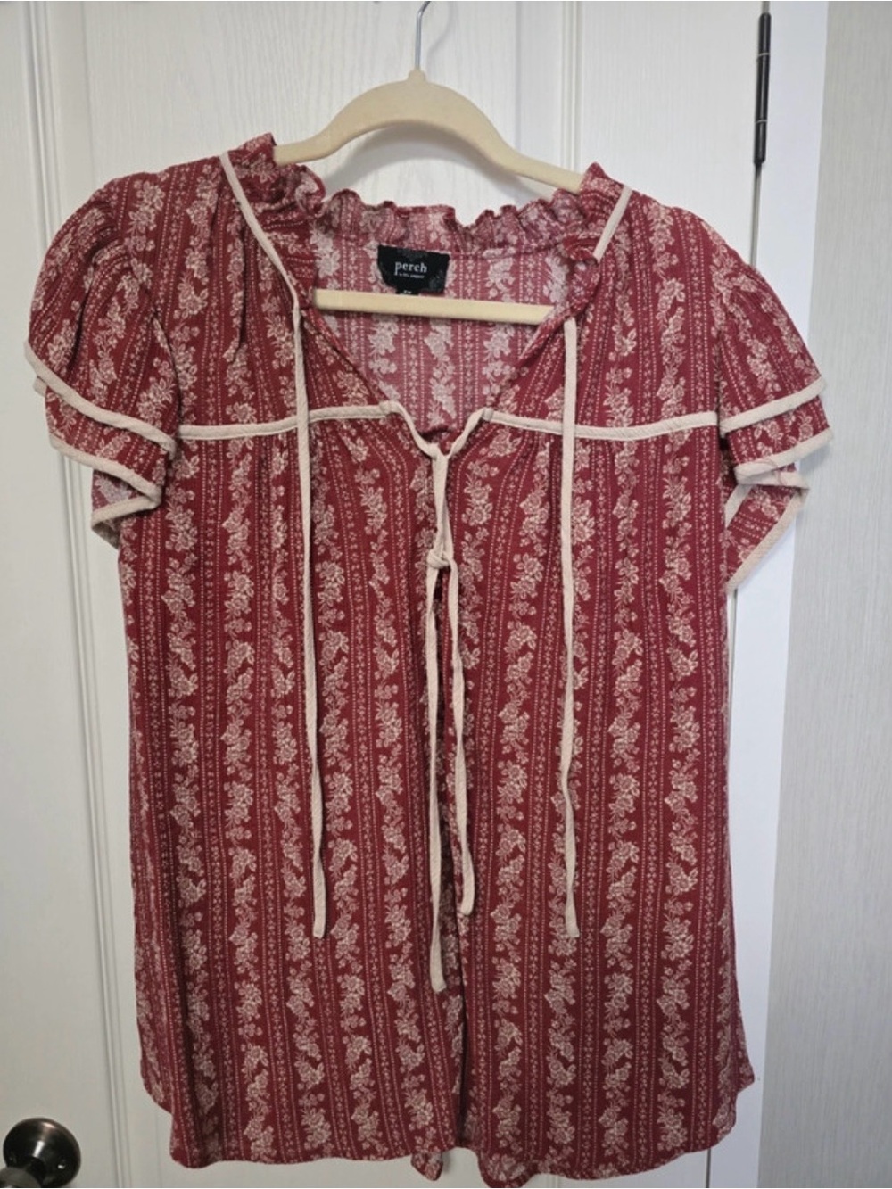 Perch Maroon Floral Tie-Front Peasant Blouse